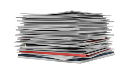 Stacked documents in a messy pile on a surface with varying paper colors, cutout isolated on transparent bg, png