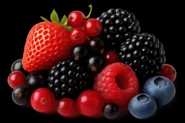 red strawberries, blackberries, and blueberries, all bathed in a dramatic spotlight against a stark black background