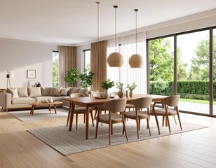 Modern open-plan dining area with garden view