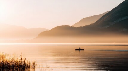 Peaceful sunrise over a still lake with a lone kayaker.