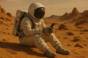 Obraz premium A lone astronaut in white suit sits on Mars, engrossed in their phone amidst the barren landscape