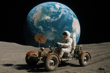 A lone astronaut navigates the vast expanse of space on a rugged, Earth-like vehicle, with the majestic planet Earth looming in the background