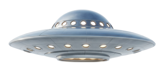 Futuristic spacecraft design featuring a sleek, rounded shape with multiple illuminated windows, cutout isolated on transparent bg, png