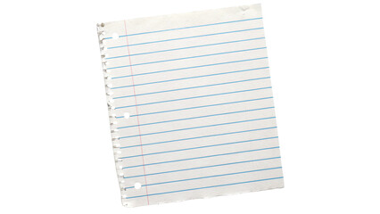 Single Sheet of Blank Blue Lined Notebook Paper with Spiral Holes Isolated on Transparent Background