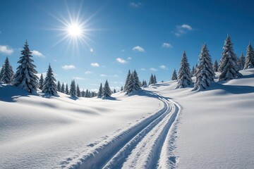 Obraz premium A Serene Snowy Landscape with a Pathway Leading Through the Woods Under a Radiant Sun