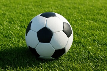 Fototapeta premium A lone soccer ball rests on the verdant expanse of a well-manicured field, symbolizing anticipation and readiness in the world of sports