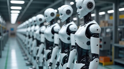 Fototapeta premium Multiple white and black humanoid robots with sleek designs standing in a factory assembly line, symbolizing automation and advanced robotics technology