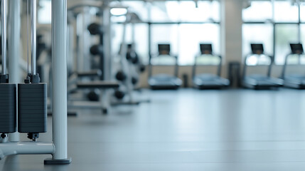 Fototapeta premium Indoor fitness center featuring weights and cardio machines, offering a space for exercise and health activities in a clean, modern environment.