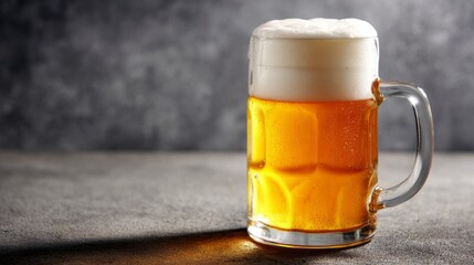Golden amber beer in a glass stein with a thick foam head. A dramatic and moody image perfect for craft beer or pub promotions.