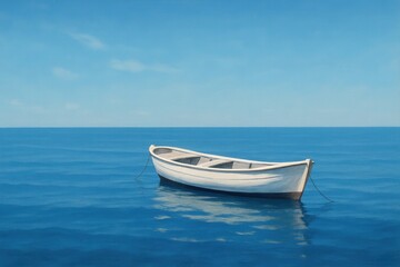 Fototapeta premium A lone white boat gently floats on serene blue waters under a clear sky