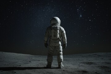 Obraz premium A lone astronaut stands against the cosmic backdrop of stars on the moon, embodying humanity's quest for exploration and discovery