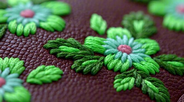 A macro photo of green floral embroidery on brown deerskin lederhosen. A beautiful concept representing German or Bavarian cultural heritage and tradition.