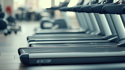 Row of treadmills at a gym. Treadmills lined up, ready for workout. Fitness center equipment. Modern indoor sports complex. Blurred background.