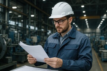 A diligent engineer scrutinizes technical drawings in a bustling industrial setting