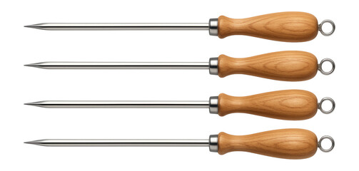 Skewers designed with wooden handles for comfortable grip when grilling meat in a private house backyard.
