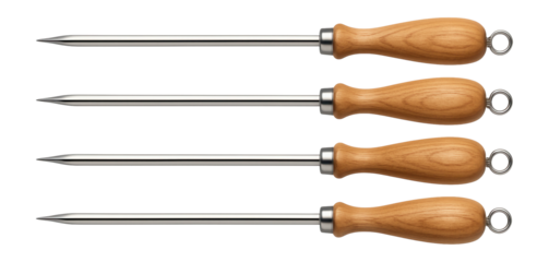 Skewers designed with wooden handles for comfortable grip when grilling meat in a private house backyard.