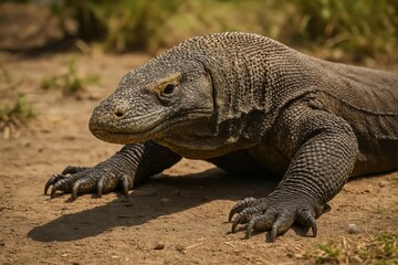 Obraz premium A solitary monitor lizard stretches its powerful front legs on a dry, dusty ground, poised with an alert gaze that speaks of the wild and untamed nature of these fascinating creatures