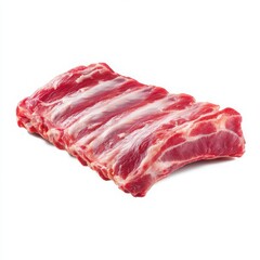 Obraz premium Fresh Raw Pork Ribs Isolated on White Background, Close-up of Uncooked Ribs, Ready for Grilling or Roasting, Butcher's Cut, Meat Preparation