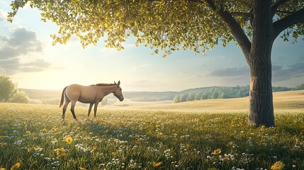 Donkey in tranquil countryside beneath summer sky high resolution picture