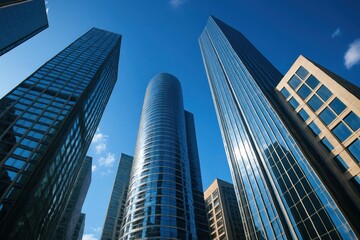 Skyscrapers reaching towards the azure expanse, a testament to human ingenuity and architectural prowess