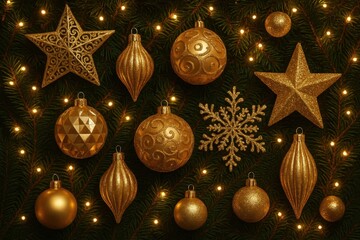A luminous array of golden Christmas ornaments adorns a festive evergreen backdrop, casting a warm glow that enhances the holiday spirit