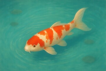 A serene koi fish glides effortlessly through a tranquil blue pond, its vibrant orange and white stripes standing out against the calm water