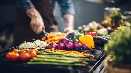 Colorful vegetables grilling on a barbecue.