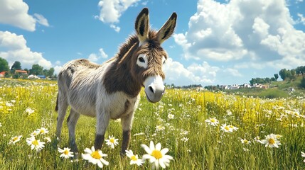 Donkey in vibrant countryside field with flowers high resolution picture