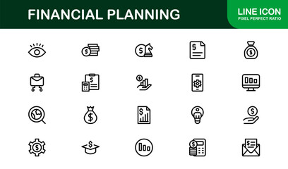 Financial Planning Line Icon Collection – Unique, creative, and premium outline icons featuring concepts of money management, finance, and economic planning