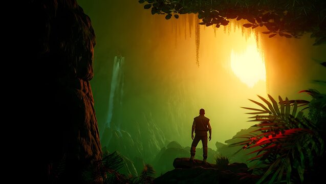 Adventurer gazes at jungle waterfall during golden hour tropical - Powered by Adobe