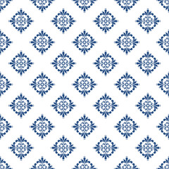 Seamless pattern of traditional ornament in blue and white colors. Vector background for textile, fabric, linen, paper. Floral pattern. Vintage wallpaper in the Slavic style.  background