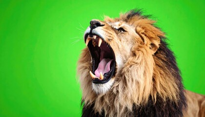 Roaring lion against green background