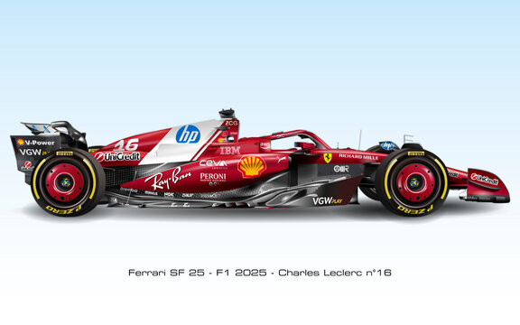Maranello, Modena, Italy, february 19 2025, presentation of the Ferrari SF-25 Formula 1 sport car, Charles Leclerc, 2025 formula one world championship, graphic illustration