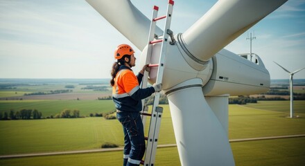 Naklejka premium A man in an orange helmet and high-visibility jacket stands on a ladder next to a wind turbine, wearing a safety harness.