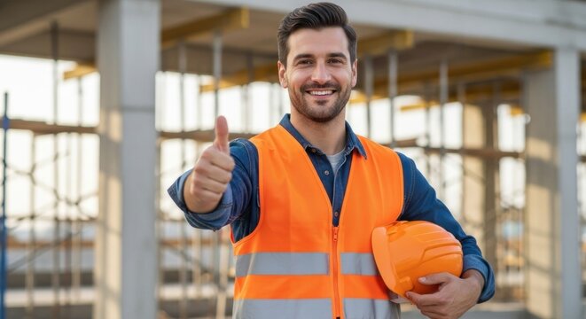 A smiling man in an orange safety vest and blue shirt, holding an orange hard hat, standing in front of a construction site. - Powered by Adobe