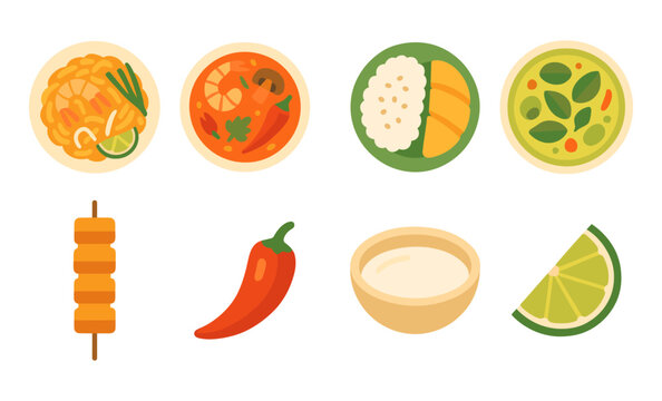 Colorful asian cuisine icons featuring dishes and ingredients in flat design