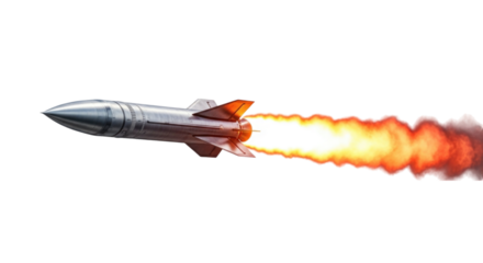 Rocket launching into the sky with flames and smoke trail cutout isolated on transparent bg, png