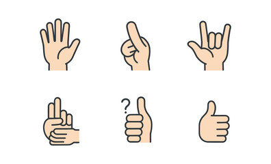 Illustrated hand gestures: hello, thank you, love, help, question, no