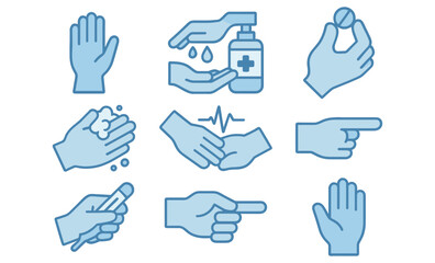Blue hand icons: sanitizing, gesturing, and waving illustrations