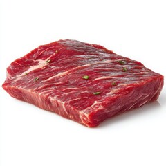 Fototapeta premium Fresh Raw Beef Steak Isolated on White Background, Close Up of Premium Cut of Meat with Marbling, Ready for Cooking, High Protein Food, Culinary Ingredient