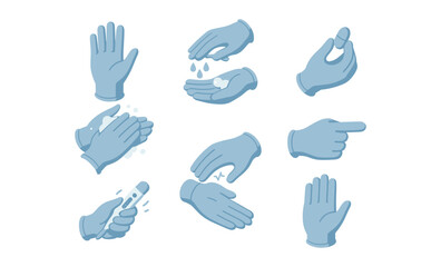 Illustrations of hand hygiene steps and actions