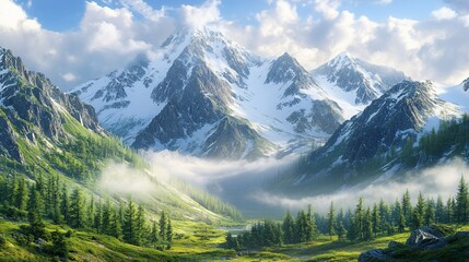 Majestic mountain range, blanketed in snow and vibrant greenery.  Misty valley unfolds below, bathed in sunlight
