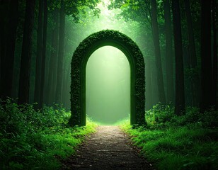 Lush forest path leads to an archway