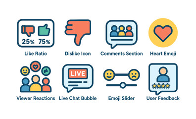 Digital icons for audience engagement: like ratio, dislike, comments, heart, viewer reactions, live chat, emoji slider, user feedback