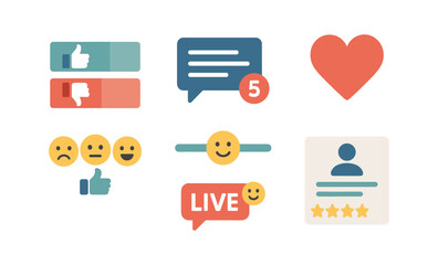 Social media interaction icons: likes, comments, reactions, live and engagement features