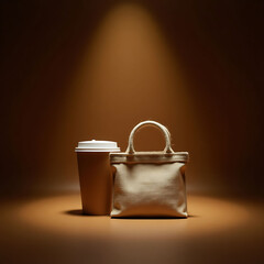 Stylish Coffee Cup and Tote Bag in a Warm, Minimalist Setting