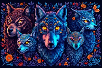A picture of Luminous Pack Wolves and Owls in Neon Flora