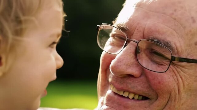 closeup of grandfather's smiling eyes, as he looks at grandchild. cheerful expression of pure love and joy. national grandparents day. senior activity, active lifestyle and leisure, family bonding - Powered by Adobe