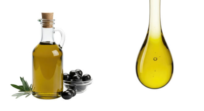 Olive oil bottle with olives and a dripping oil drop cutout isolated on transparent bg, png