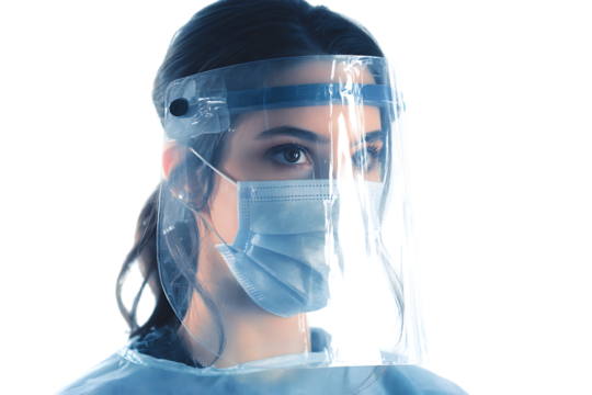 Close up of a person wearing a face shield and mask.